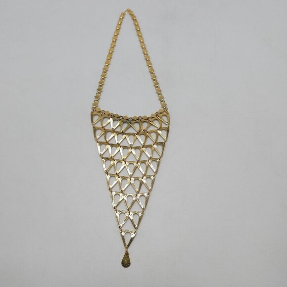 Gold Tone Statement Geometric Bib Necklace With Hexagonal Chain Teardrop Design - Picture 2 of 6